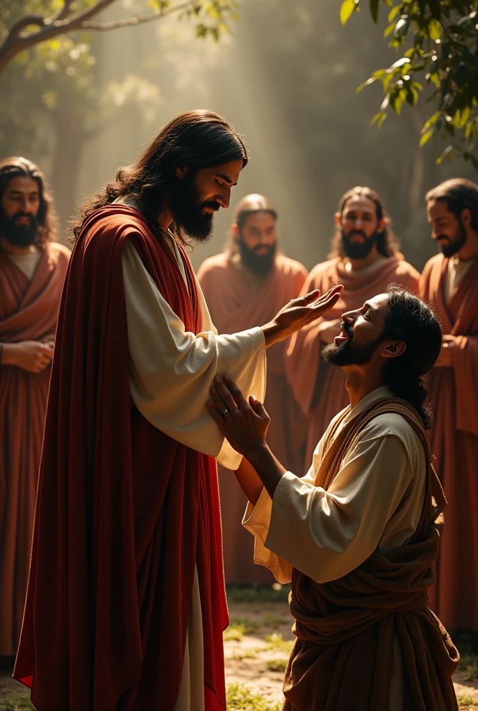 make an image of Jesus Christ according to the Catholics of Brazil, WITH his apostles he is extending his hand towards an apostle as if he were blessing him, ultra realistic image with zoom approaching in 16:9