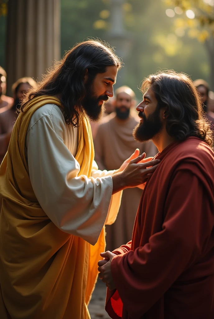 make an image of Jesus Christ according to the Catholics of Brazil, WITH his apostles he is extending his hand towards an apostle as if he were blessing him, ultra realistic image with zoom approaching in 16:9