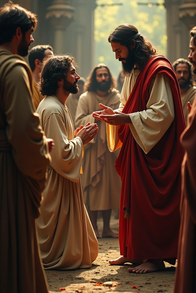 make an image of Jesus Christ according to the Catholics of Brazil, WITH his apostles he is extending his hand towards an apostle as if he were blessing him, ultra realistic image with zoom approaching in 16:9