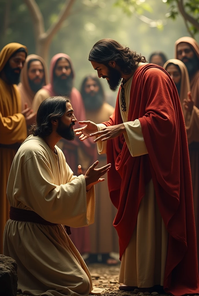 make an image of Jesus Christ according to the Catholics of Brazil, WITH his apostles he is extending his hand towards an apostle as if he were blessing him, ultra realistic image with zoom approaching in 16:9