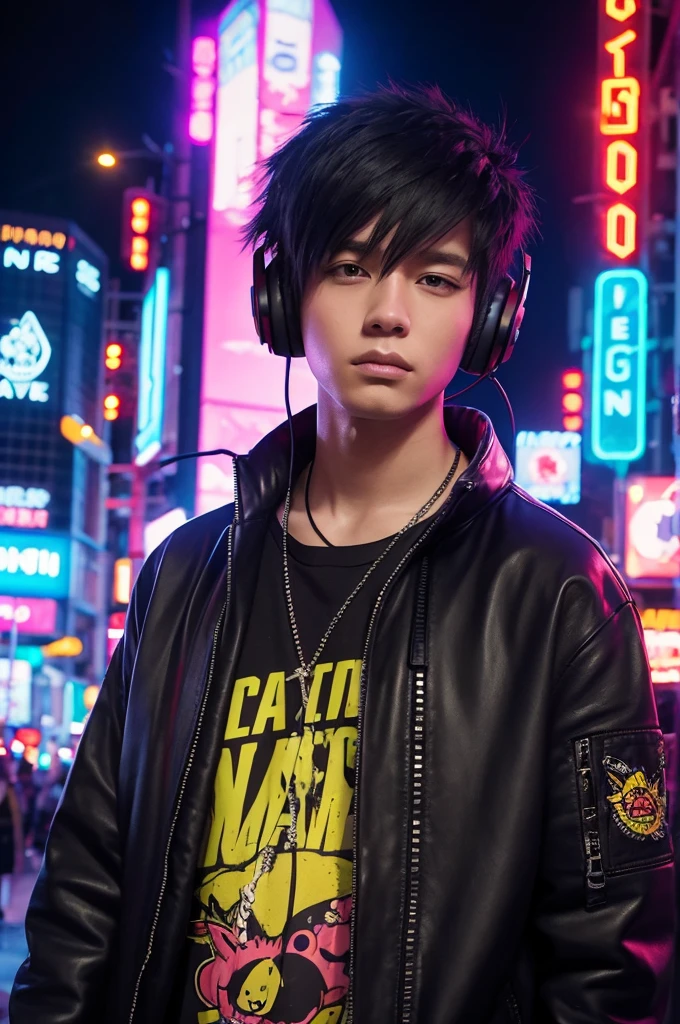A man wearing punk clothes, wearing headphones around his neck, neon city, night, anime-style illustration