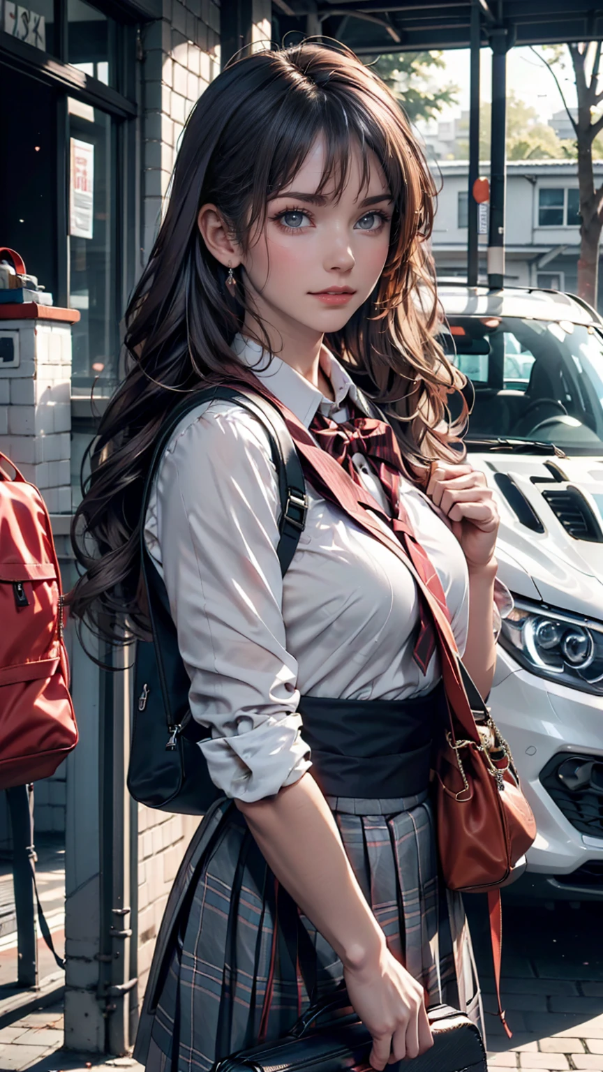 One person(24-years-old), Are standing, deadline_hideadlinex style, Home, school uniform, school bag, Twin tails, car, carrying bag、Silver Hair、Twin tails