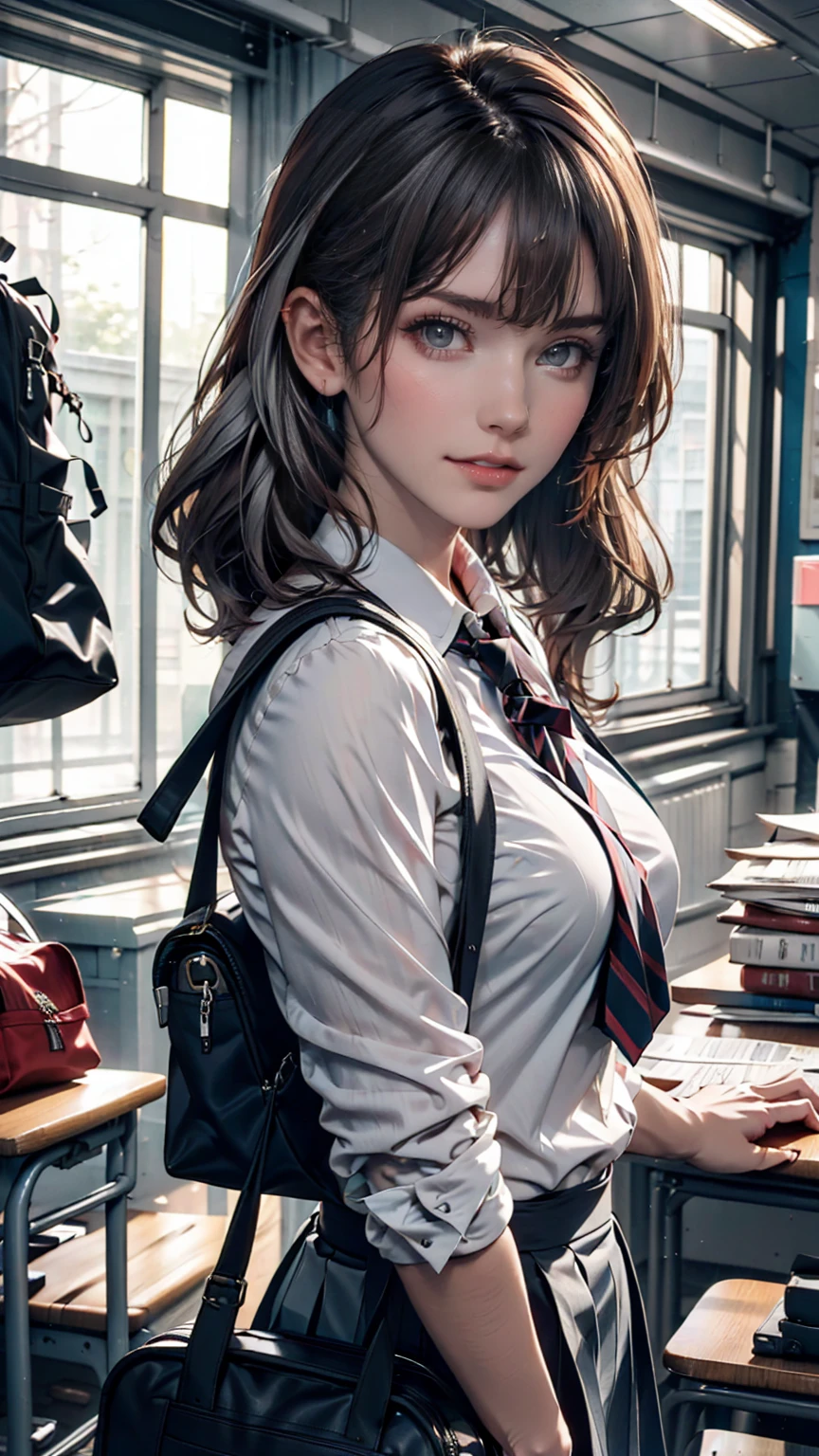 One person(24-years-old), Are standing, deadline_hideadlinex style, Home, school uniform, school bag, Twin tails, car, carrying bag、Silver Hair、Twin tails