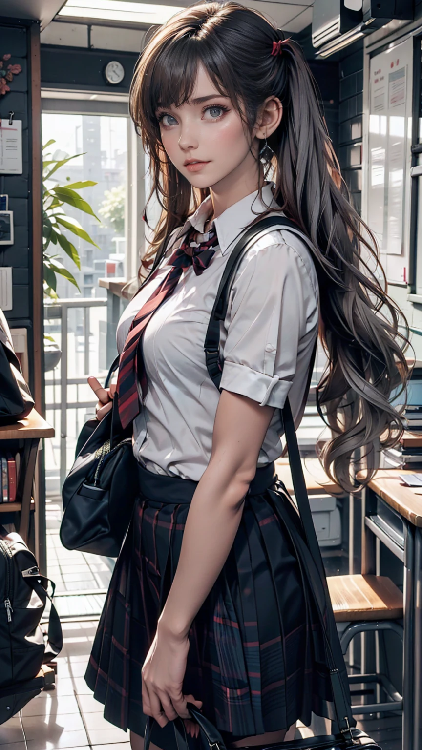 One person(24-years-old), Are standing, deadline_hideadlinex style, Home, school uniform, school bag, Twin tails, car, carrying bag、Silver Hair、Twin tails