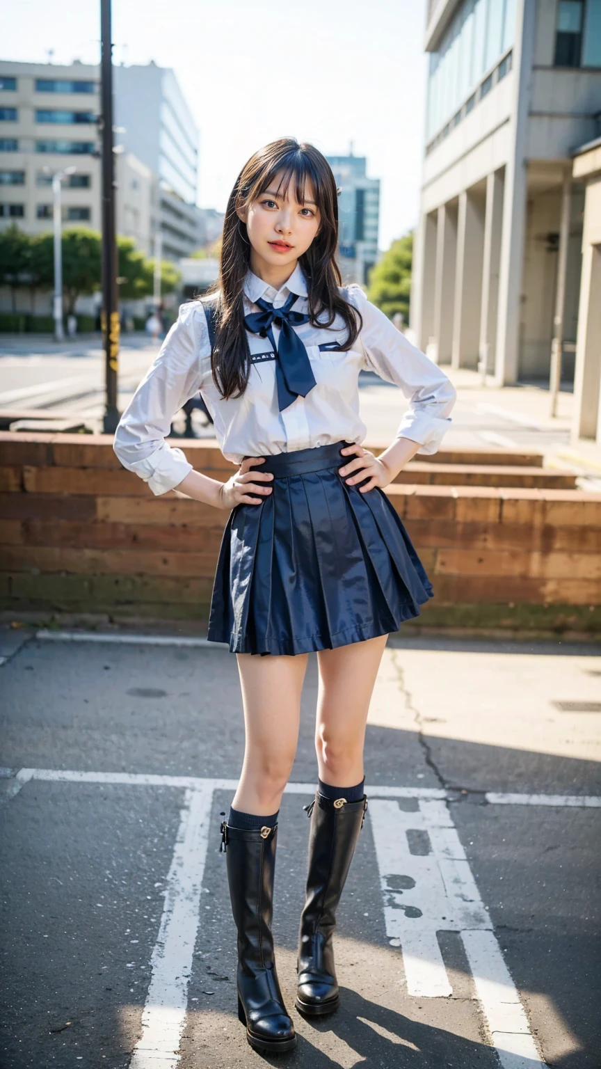 (8k、RAW Photos、Highest quality、masterpiece:1.2)、(Realistic、Realistic)、1 person、((View from the front、Black and light blue、Looking into the camera、check、boots、mini skirt、High school uniform、、Standing with one hand on hip、Frills、))、cute