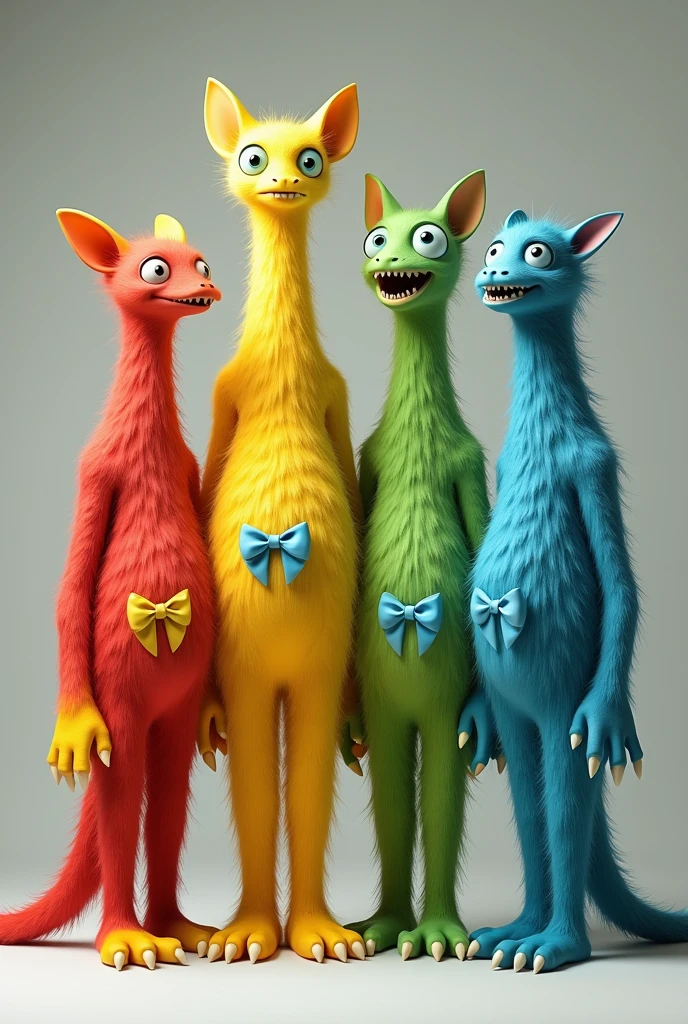 One monster is red and the other is yellow and the other is green and the other is blue and they have a light blue bow on their belly and they have no necks and they are very thin with yellow hands and feet and they have a lot of fur