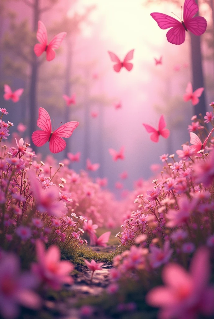 Background of large pink butterflies with small flowers on the edges