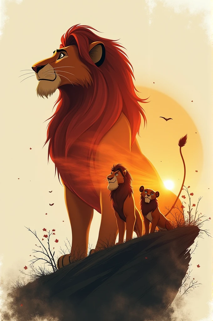 Make a double exposure lion king photoshop style poster with the silhouette of mufasa and timon and punba inside it