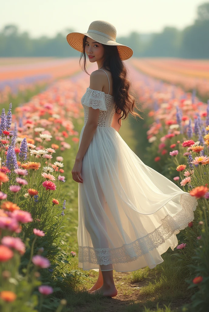 A woman in a white lace skirt、Woman wearing a hat standing in front of a flower field