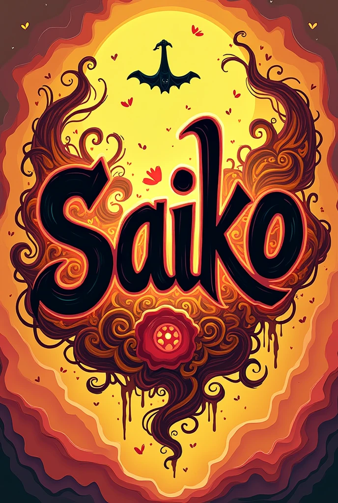 Saiko&#39;s signature in English, fantasy red, yellow, and black tones, with a cartoonish feel.
