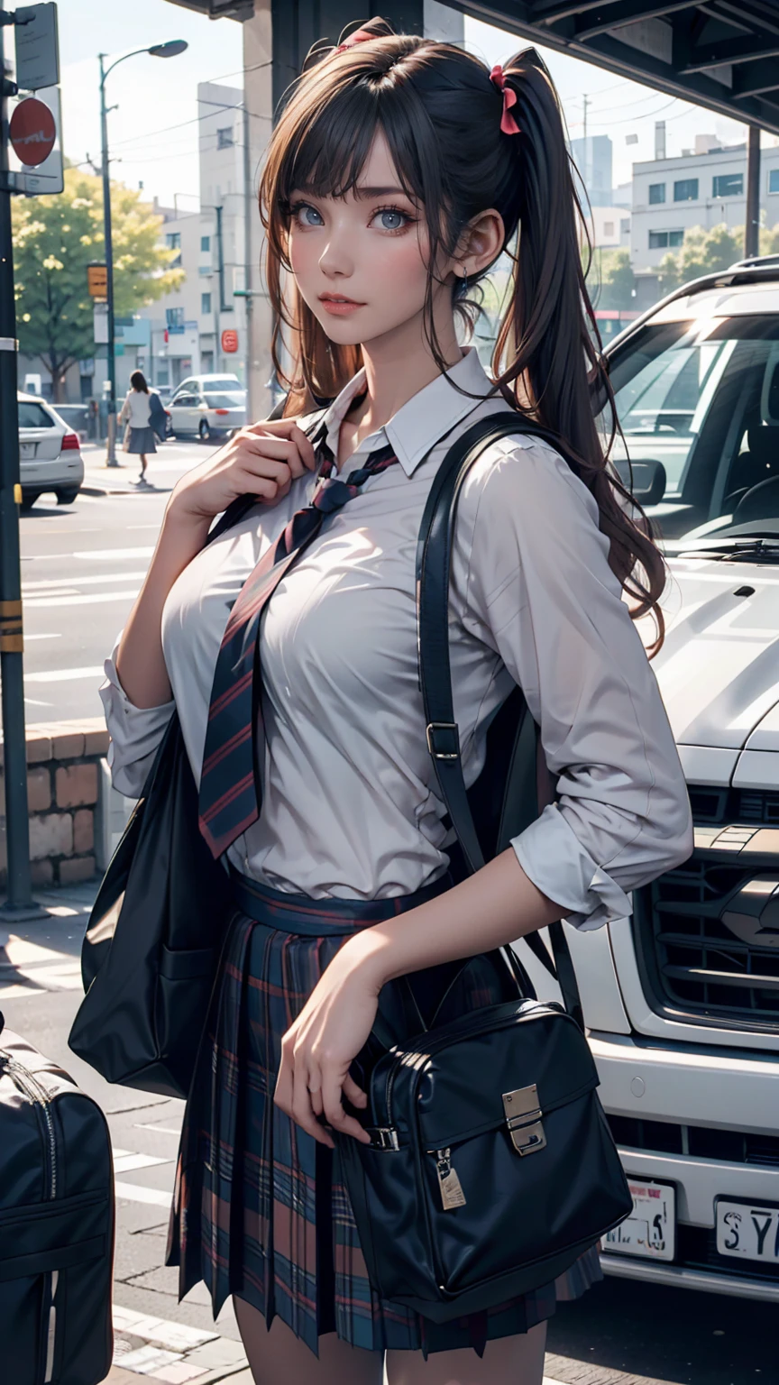 One person(24-years-old), Are standing, deadline_hideadlinex style, Home, school uniform, school bag, Twin tails, car, carrying bag、Silver Hair、Twin tails