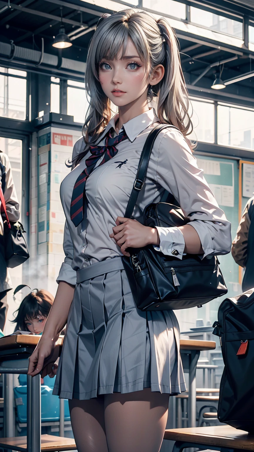 One person(24-years-old), Are standing, deadline_hideadlinex style, Home, school uniform, school bag, Twin tails, car, carrying bag、Silver Hair、Twin tails