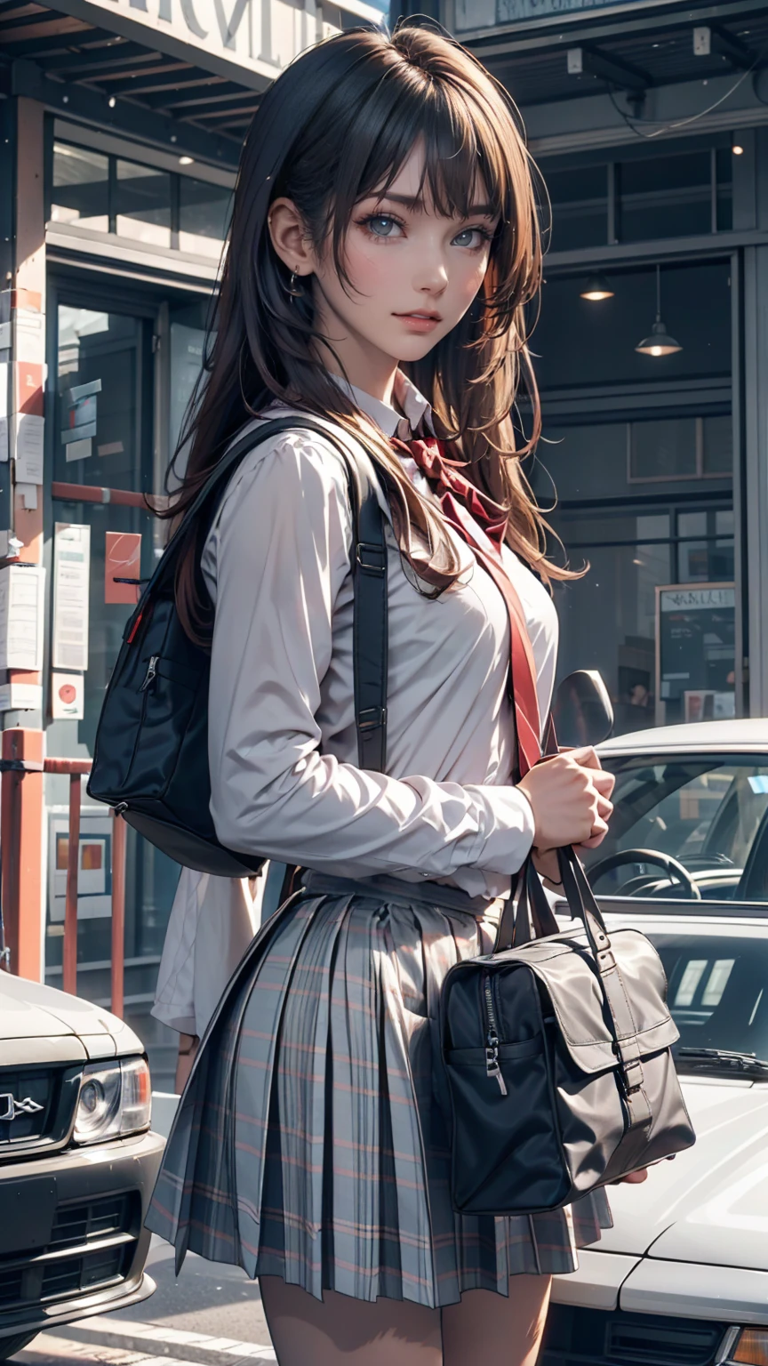 One person(24-years-old), Are standing, deadline_hideadlinex style, Home, school uniform, school bag, Twin tails, car, carrying bag、Silver Hair、Twin tails