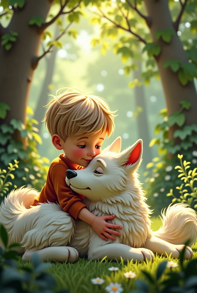 : "Un jeune garçon et un chien blanc se tiennent proches l'un de l'autre dans une clairière forestière. Le garçon caresse doucement le chien, qui se blottit contre lui avec une posture amicale et confiante. Le lien entre eux est évident alors qu'ils se tiennent sous l'ombre des grands arbres, avec une douce lumière filtrant à travers les feuilles