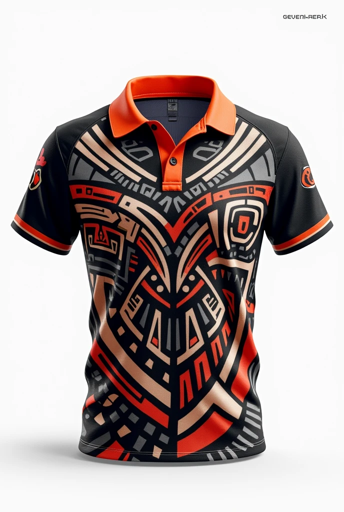 Create rugby jersey maori Samoa tribe full pattern black white red retro black orange collar white background front and back design side by two side clear design
