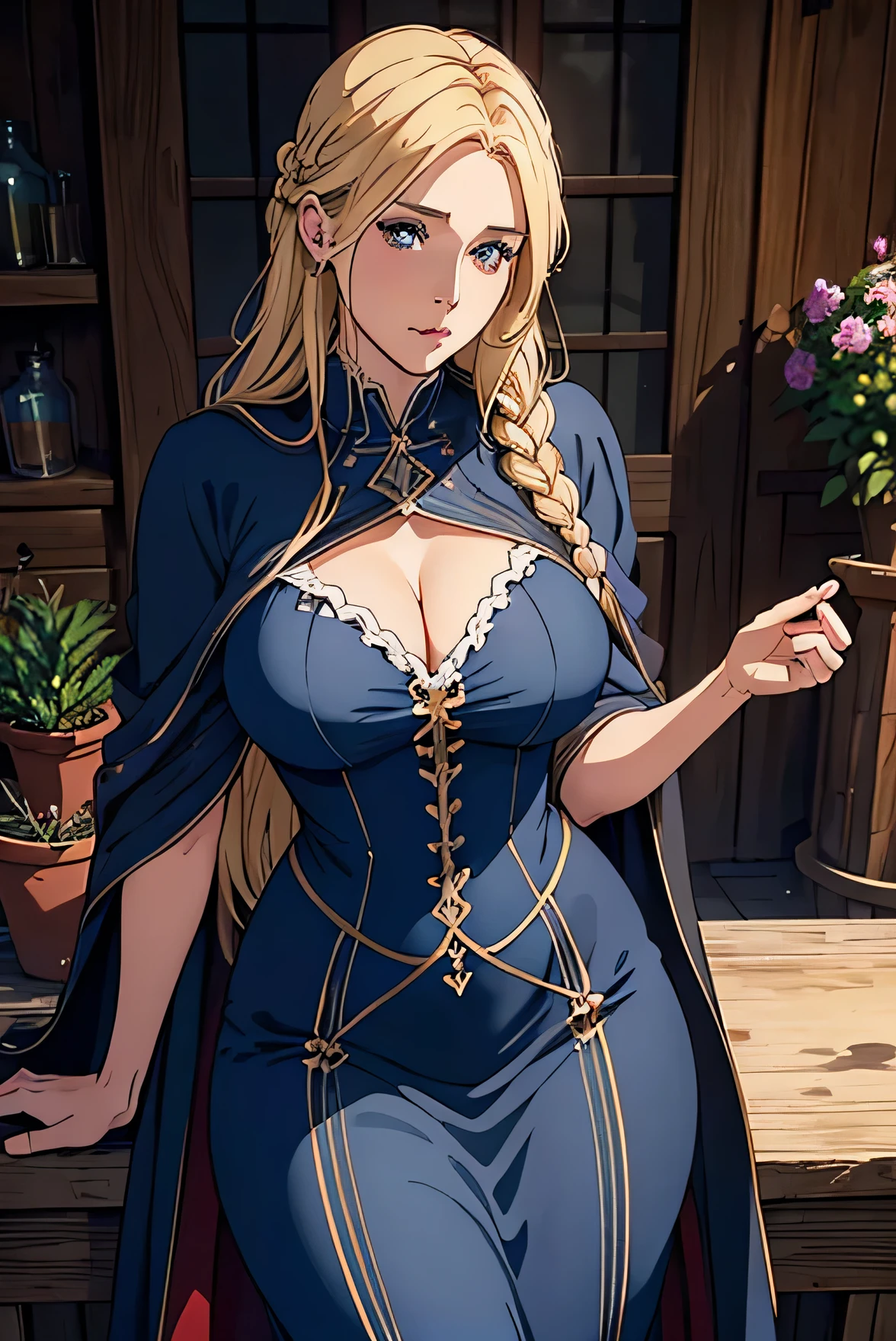 Cute Farmgirl with Braids. ((blonde hair woman, very straight hair, mature adult woman, Mature MILF face, long hair, tall woman)), Perfectly round face. Beautiful cute face, Big beautiful voluptuous lips, charming beauty, ((gentle expression on your face)), ((Beautiful Big, blue detailed eyes)), Waist slender, Broad Hips ((Dark blue dress with ruffles, mature adult woman, adult milf face, long cloak, farmer dress)) (highy detailed)),offcial art, Award-winning digital painting, digital illustration, extreme detail, 4K, ultra HD, Rococo, polished, intrikate, realistic fantasy art, sharp focus, conceptual artwork, arte por WLOP, artgerm, (2D vector illustration) Lumiere, airy, hourglass figure. ellie bamber