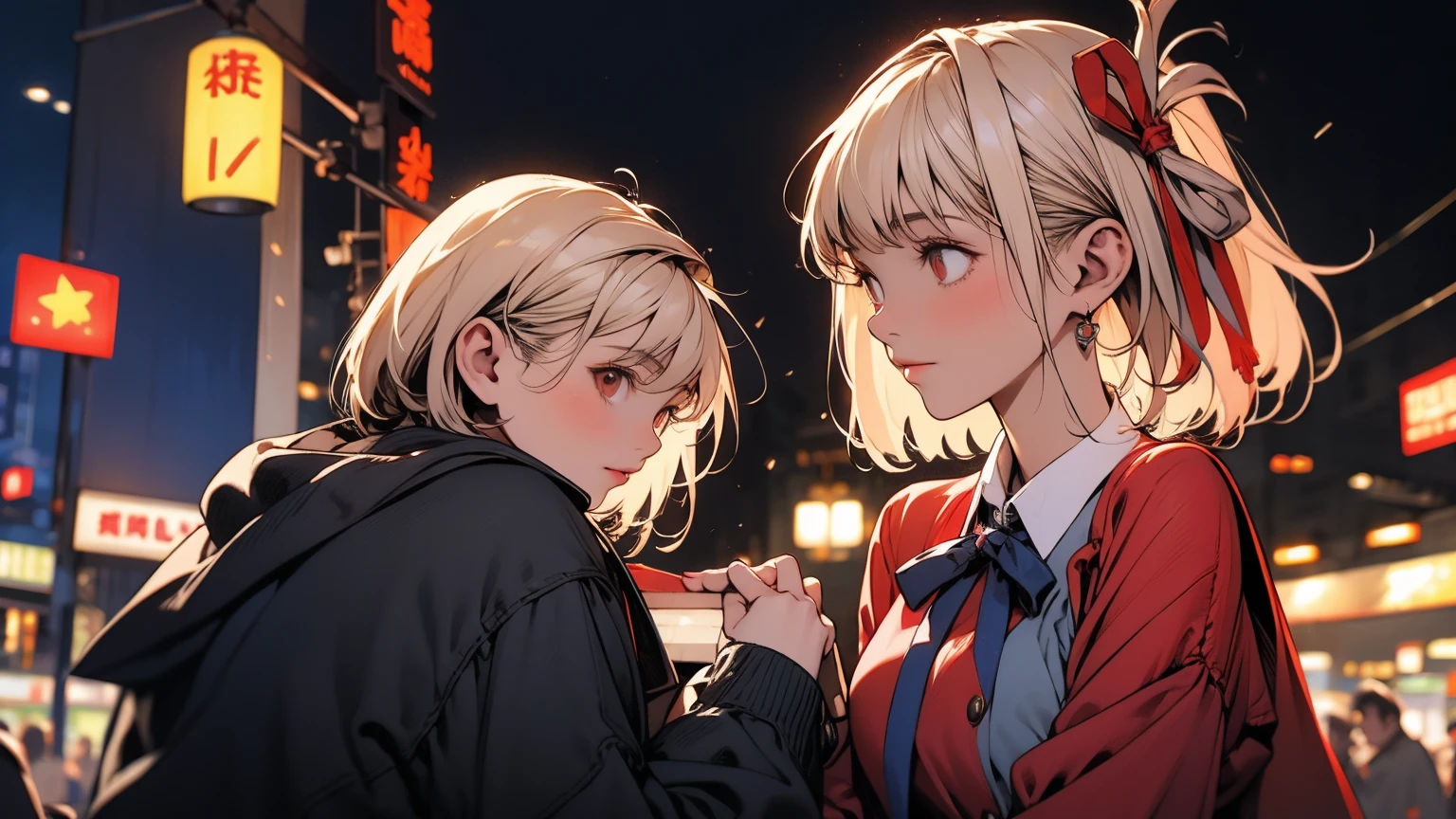 (best quality), ((masterpiece)), (highres), illustration, original, extremely detailed, 1girl, game cg nishikigi chisato, bob cut, hair ribbon, headphones, lycoris uniform, two-tone dress, red dress, grey dress, neck ribbon, long sleeves, look at claw machine, teddy bear, furrowed brow, cityscape, night sky, neon signs, chiaroscuro