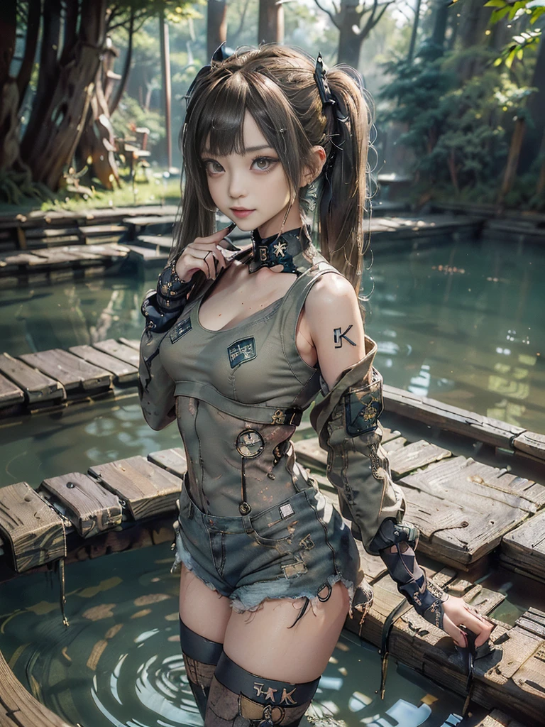 (Full Body View:1.2)、(Side view:1.1)、(Please smile with your teeth showing:1.4),(Shibuya Gal:1.5)、(Goth Style Fashion:1.5)、(Tattered khaki and gray futuristic micro high leg bodysuit:1.5)、(Tattered Khaki and Beige Micro Fancy Sleeves:1.5)、(Tattered khaki micro shorts:1.5)、(Brown and khaki knee socks:1.3)、(camouflage:1.3)、(Military jacket:1.4)、Brown boots、Khaki gloves、internal、(underwear is small:1.4)、2、(Posing as a gravure model:1.3)、((Highest quality、8k、masterpiece:1.3))、One person、The beauty of slim abs:1.3、(Hairstyle Casual、Big Tits:1.1)、dress:1.1、Super small face、Narrow eyes、double eyelid、Laughter、Esbian all over body、Dynamic Angle、Close-up、CPL Filter、Blurred Background、Bokeh、Blue Hour、Detailed face and skin texture、Detailed Eyes,(Twin tails:1.3)、(Golden brown hair:1.4)、Gravure idol pose、(Background: A beautiful underground lake in the middle of a deep forest:1.3)、(The body is slim:1.2),(Slim legs:1.4),(clavicle:1.1)
