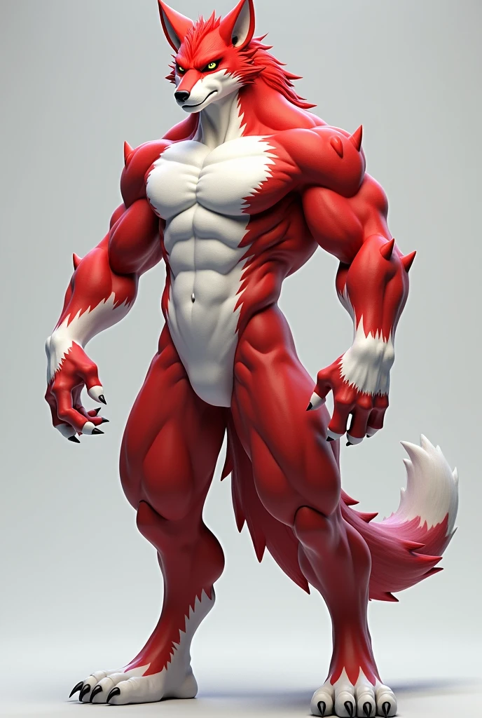 ((solo, full body perspective, side perspective)), male, anthro, ((wolf-face, digitigrade, four toes, muscled body, two-tone fur, red and white furred body, arms at side, white claws)), calm expression, dragon eyes, slim body, digitigrade legs,  