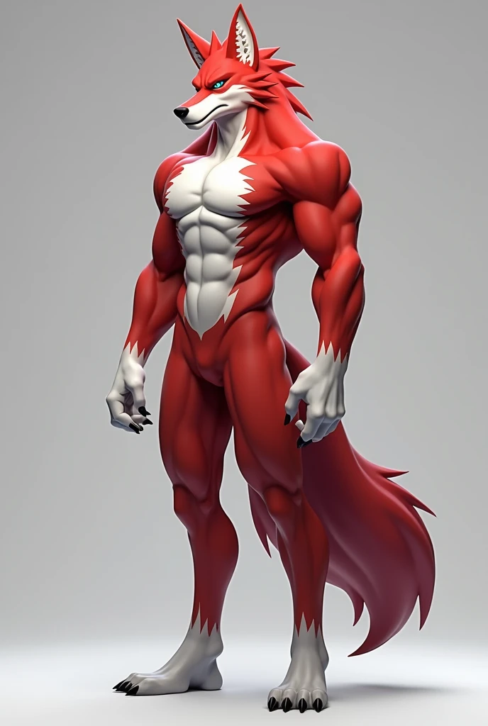 ((solo, full body perspective, side perspective)), male, anthro, ((wolf-face, digitigrade, four toes, muscled body, two-tone fur, red and white furred body, arms at side, white claws)), calm expression, dragon eyes, slim body, digitigrade legs,  