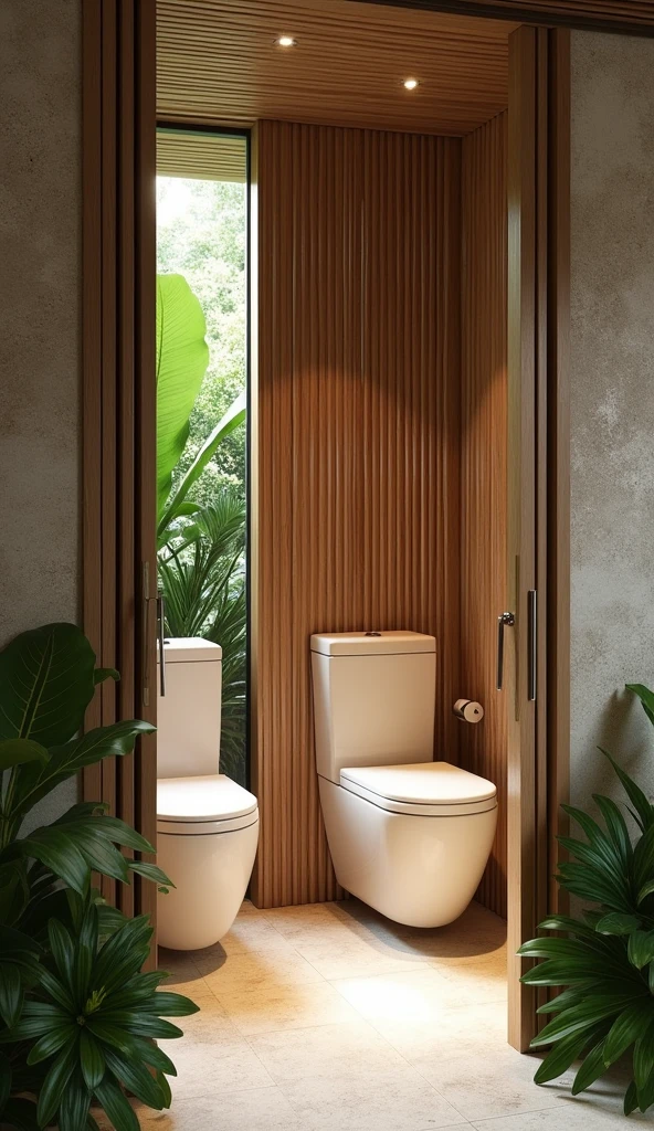 "A beachside villa bathroom with two toilets set in a semi-open space, surrounded by tropical plants and natural stone walls. The area is designed with privacy in mind, with bamboo dividers and soft, natural lighting, creating a serene and exotic atmosphere."