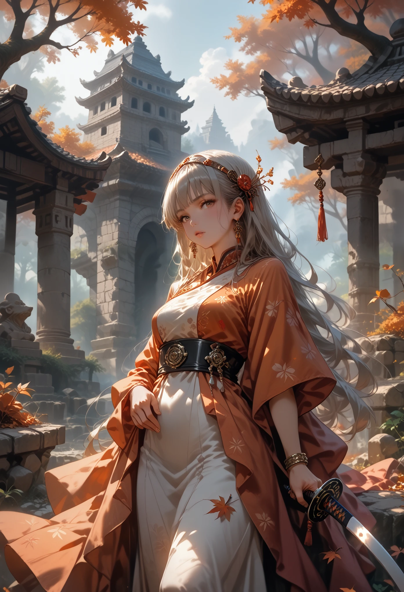 anime,(In the Katana Stone),Girl Attractive,Suitable for stone,autumn forest,Small paved path to the stone,Leaves are crumbling,Dress with diagonal patterns,Behind the stone,Statue-monument to a hero in armor and with long hair,I feel nostalgic,score_9, score_8_up, score_7_up,rating_explicit, Negative Prompt, masterpiece, high quality, clear detail, beautiful colors,