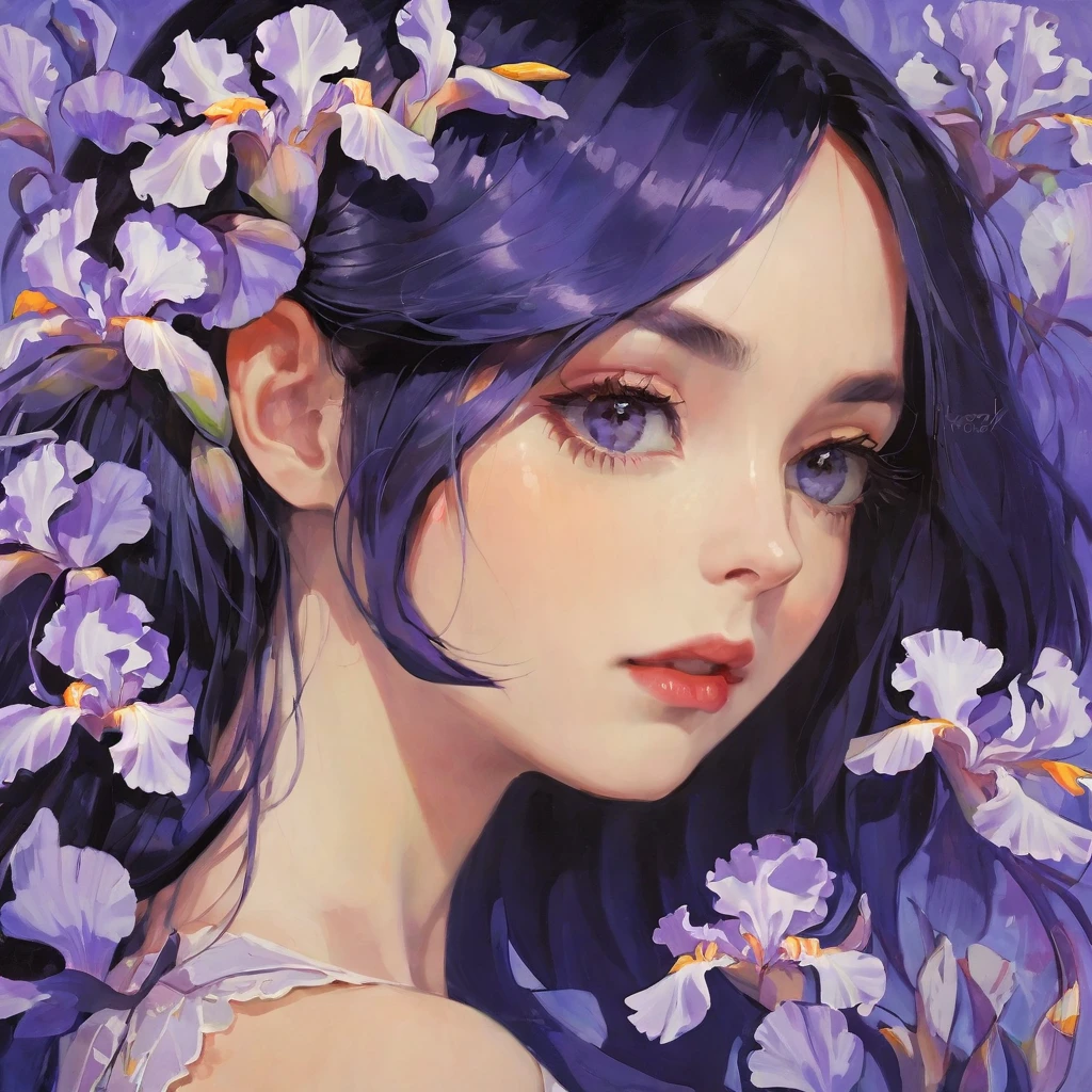 highest quality, masterpiece, surreal), Portrait of a beautiful and delicate profile girl, Playful and cute, Petals are floating in the background,Beautiful iris flowers,