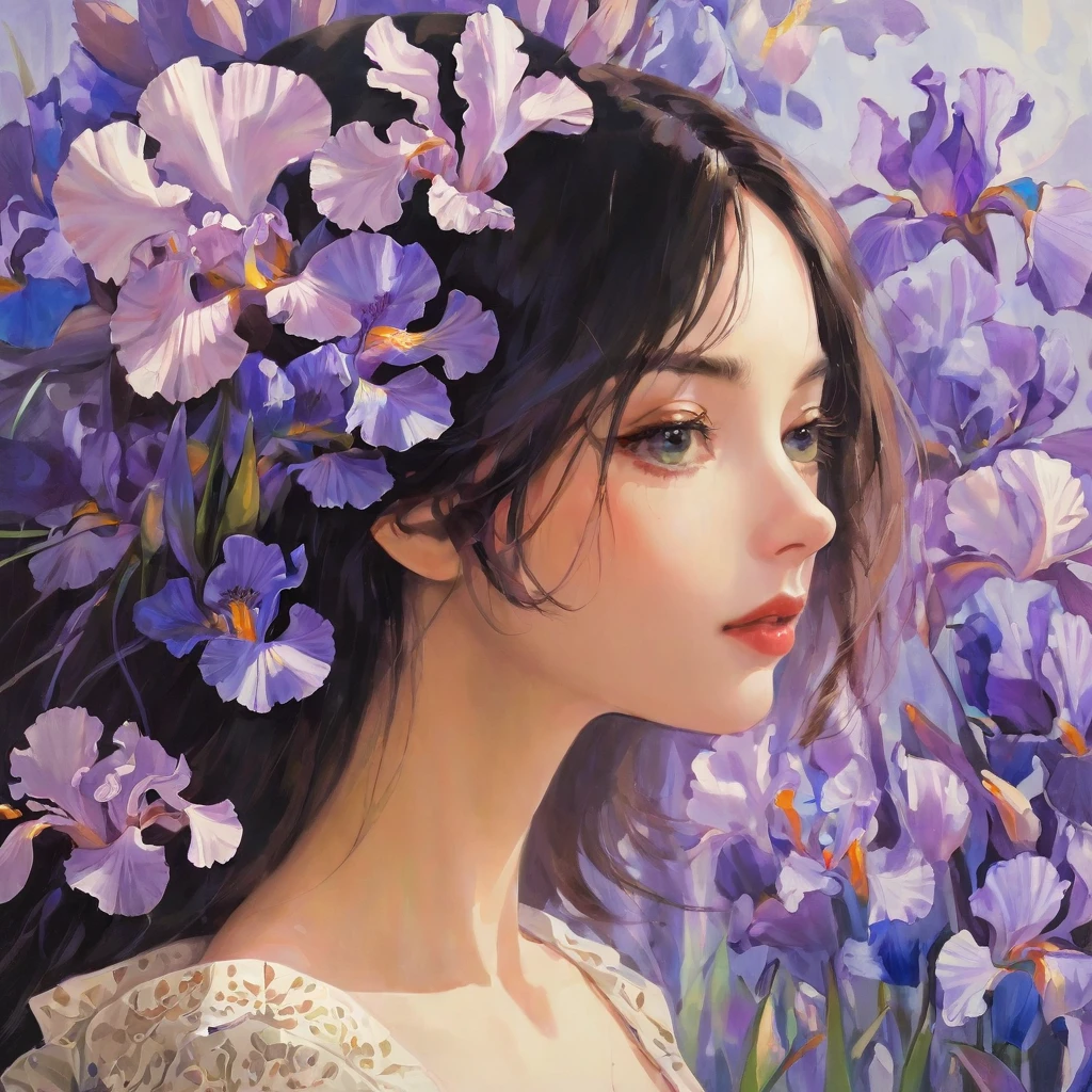 highest quality, masterpiece, surreal), Portrait of a beautiful and delicate profile girl, Playful and cute, Petals are floating in the background,Beautiful iris flowers,