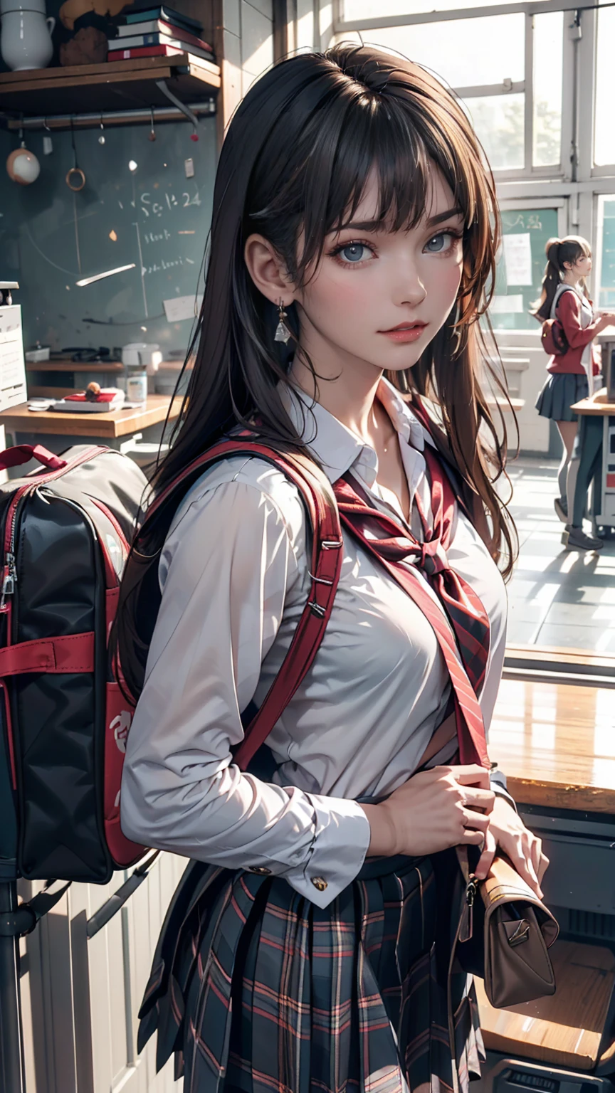 One person(24-years-old), Are standing, deadline_hideadlinex style, Home, school uniform, school bag, Twin tails, car, carrying bag、Silver Hair、Twin tails