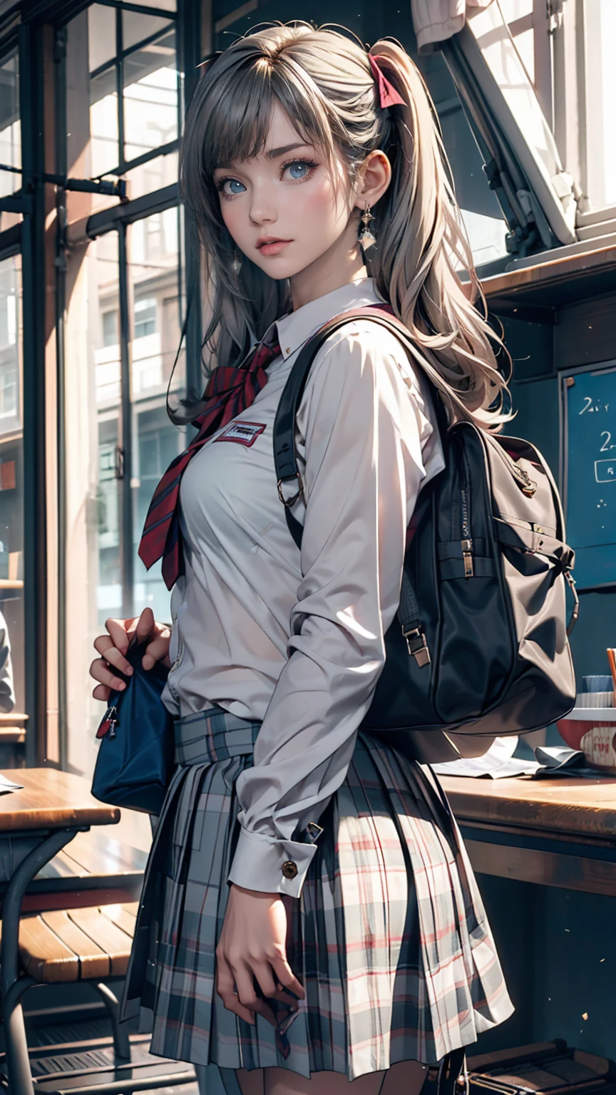 One person(24-years-old), Are standing, deadline_hideadlinex style, Home, school uniform, school bag, Twin tails, car, carrying bag、Silver Hair、Twin tails
