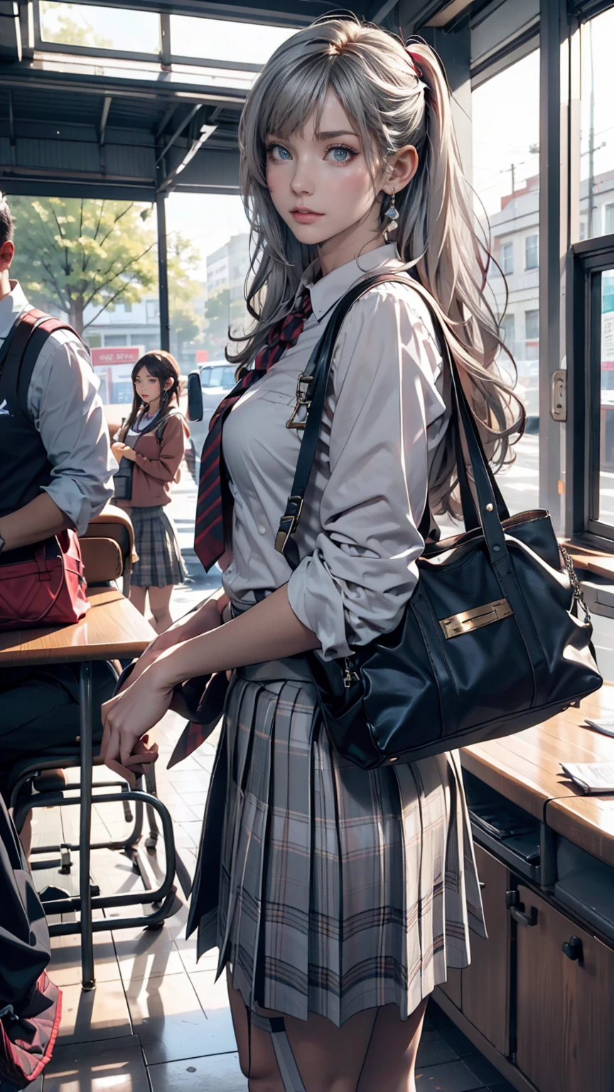 One person(24-years-old), Are standing, deadline_hideadlinex style, Home, school uniform, school bag, Twin tails, car, carrying bag、Silver Hair、Twin tails