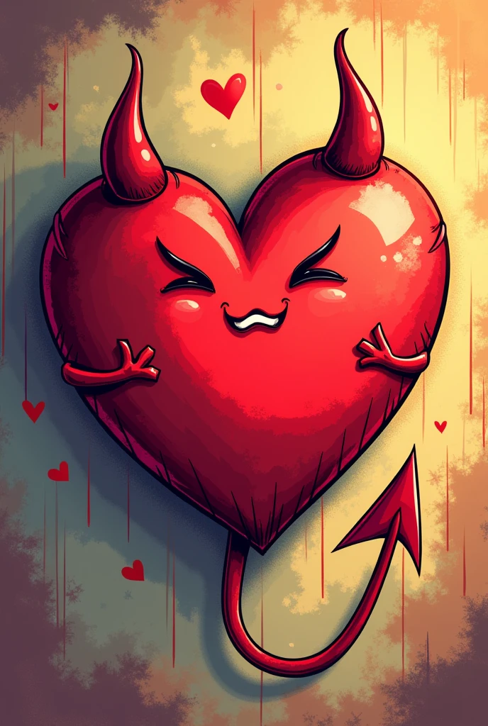 Horned heart with a comic-style devil tail 