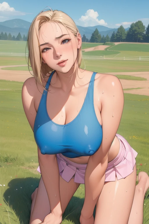 (masterpiece), (best quality), 1girl, (perfect face:1.2), (beautiful face:1.2), platinum blonde hair,  happy, light smile, looking at viewer, pose, 

Best Picture, Masterpiece, 4K, High Quality, One cool, mature woman.

A woman is on all fours in a grassy meadow. A large dog is holding her back, and the dog's lower body is hitting the woman's lower body.) Silk underwear. A complete body. Perfect hands and legs. Beautiful body, beautiful legs. Beautiful hands. Perfect body, perfect legs. Perfect hands. Cowboy shot
Woman's sweaty, wet, scantily clad, visible breasts and erect nipples. Sweat is soaking through.
The woman's cheeks are flushed and she looks embarrassed.
One cool adult woman and one big dog. Tank top, hot pants.



(Heck of a short skirt).



(A very short skirt).