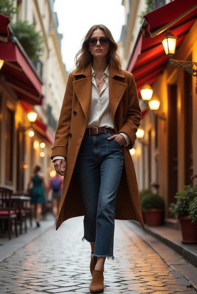 natural, dressed in fashionable attire, in a french street