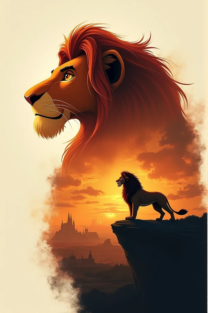 Make a double exposure photoshop poster of the Lion King movie that has Mufasa in it, Timon and Pumba