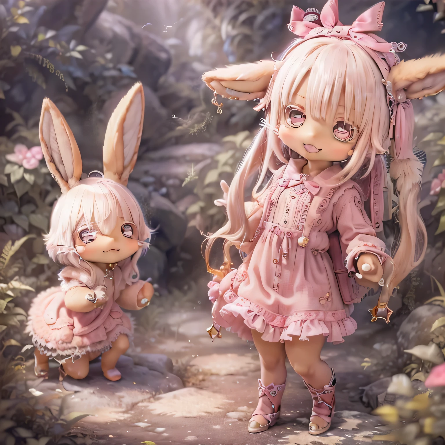 in the garden, smile, Similar to Nanachi from Made in Abyss. She is beautiful, Beautiful eyes and lips. (((Chibi Style,))) . Image quality is excellent, Highly detailed and realistic features. The medium of this work is、Combining illustration and photorealistic rendering.. The colors are vivid、The lighting creates a warm and bright atmosphere。 whole body(((((Cute pink dress)))))Contrasting cute poses