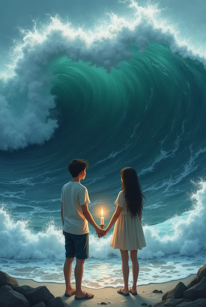 A boy and a girl stand with their backs to each other, a guy and a girl are holding a candle in their hands and a sea wave is enveloping them 