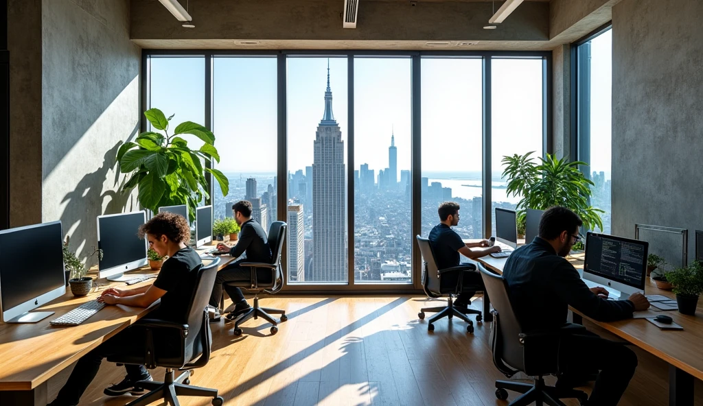 High-quality photograph of a web design studio with a modern minimalist design. The interior includes concrete, Wooden elements, plants and panoramic floor-to-ceiling windows. The office is located on the 81st floor in New York.. A couple of tables with monitors and chairs. Programmers and designers are at their workplaces. Each person has their own individual work place that reflects their personality and is different from others.. They are randomly arranged.. Photo 45 megapixels.