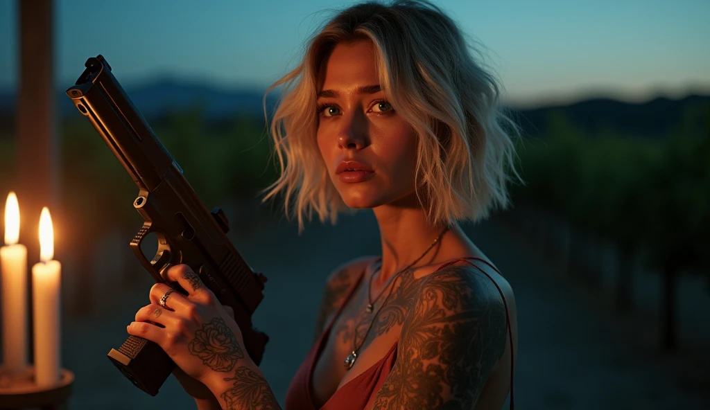 tatuados,Very beautiful big breasts、Very large bust、Gazing into the distance、(Dark Suit)(Two machine guns in each hand),(Many tattoos on both arms and neck)、 (Late Night in Napa Valley(America) - A beautiful valley with wineries and vineyards),Candlelight only,Very detailed, 18-year-old, A beautiful woman,Depressed face, Blonde Hair,Short Wavy Hair, blue eyes, High resolution, masterpiece, Highest quality, Intricate details, Very detailed, Clear focus, Delicate skin, practical skin texture, texture, Delicate eyes, Professional, 8k, Sad face,despair、 Shot with Canon, 85mm, Shallow and deep, Kodak Vision Color, Exactly, Very detailed, photograph_\(Extremist\), photographpractical, practical, Post-processing, Maximum details, Roughness, Real Life, Extremist practical, Photorealism, photographgraphy, 8k ウルトラ HD, photographgraphy