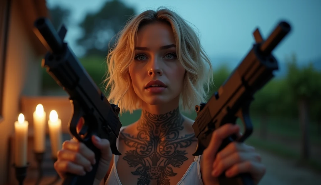 tatuados,Very beautiful big breasts、Very large bust、Gazing into the distance、(Dark Suit)(Two machine guns in each hand),(Many tattoos on both arms and neck)、 (Late Night in Napa Valley（America） - A beautiful valley with wineries and vineyards),Candlelight only,Very detailed, 18-year-old, A beautiful woman,Depressed face, Blonde Hair,Short Wavy Hair, blue eyes, High resolution, masterpiece, Highest quality, Intricate details, Very detailed, Clear focus, Delicate skin, practical skin texture, texture, Delicate eyes, Professional, 8k, Sad face,despair、 Shot with Canon, 85mm, Shallow and deep, Kodak Vision Color, Exactly, Very detailed, photograph_\(Extremist\), photographpractical, practical, Post-processing, Maximum details, Roughness, Real Life, Extremist practical, Photorealism, photographgraphy, 8k ウルトラ HD, photographgraphy