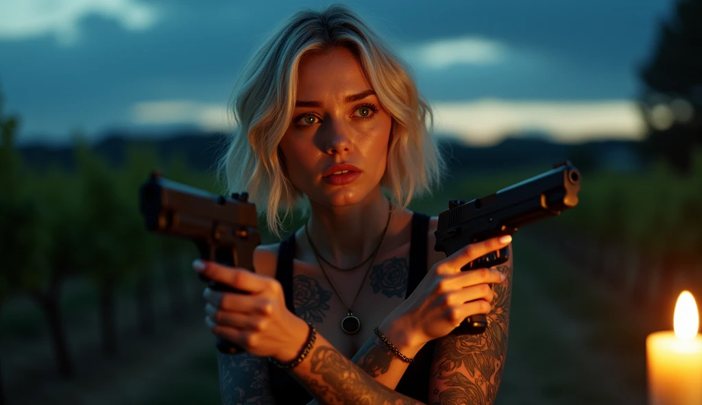 tatuados,Very beautiful big breasts、Very large bust、Gazing into the distance、(Dark Suit)(Two machine guns in each hand),(Many tattoos on both arms and neck)、 (Late Night in Napa Valley（America） - A beautiful valley with wineries and vineyards),Candlelight only,Very detailed, 18-year-old, A beautiful woman,Depressed face, Blonde Hair,Short Wavy Hair, blue eyes, High resolution, masterpiece, Highest quality, Intricate details, Very detailed, Clear focus, Delicate skin, practical skin texture, texture, Delicate eyes, Professional, 8k, Sad face,despair、 Shot with Canon, 85mm, Shallow and deep, Kodak Vision Color, Exactly, Very detailed, photograph_\(Extremist\), photographpractical, practical, Post-processing, Maximum details, Roughness, Real Life, Extremist practical, Photorealism, photographgraphy, 8k ウルトラ HD, photographgraphy