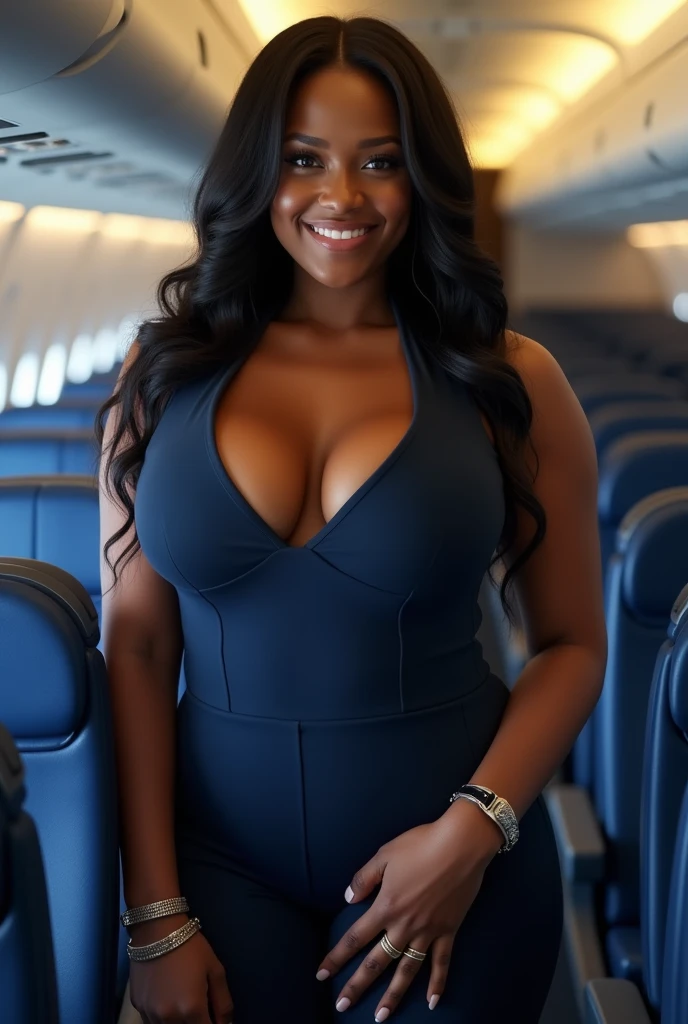 (photorealism: 1.2), black girl, with navy blue dressy outfit, sexy a little curvy and hot in a sexy dynamic pose. raw portrait photography, hyper realistic and detailed face, complex and realistic skin texture, hot body, athletic body, brazilian, smiling, full lips, long hair, tanned, with bracelets, in the aisle of an airplane