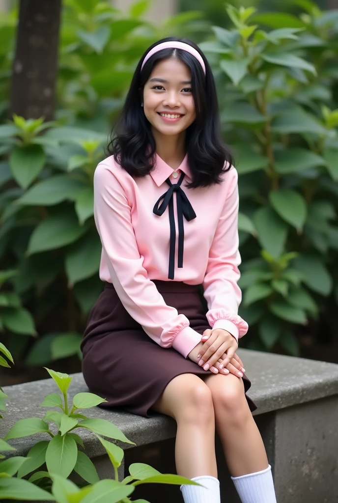 Image is a portrait-style photograph featuring a young woman sitting on a stone bench in an outdoor setting. She has medium-length black hair with a headband, and she is wearing a pink long-sleeve blouse with a black ribbon tie at the collar, paired with a dark brown skirt. She has a light to medium skin tone and is smiling gently at the camera. She is also wearing white socks and white sneakers. and lush green foliage is visible in the background, adding a natural and serene ambiance to the scene. Realistic, Filipino, white sneakers shoes