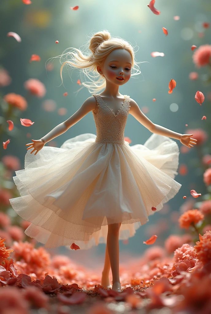 I would like a beautiful doll created with dancing flower petals that transforms as it dances.