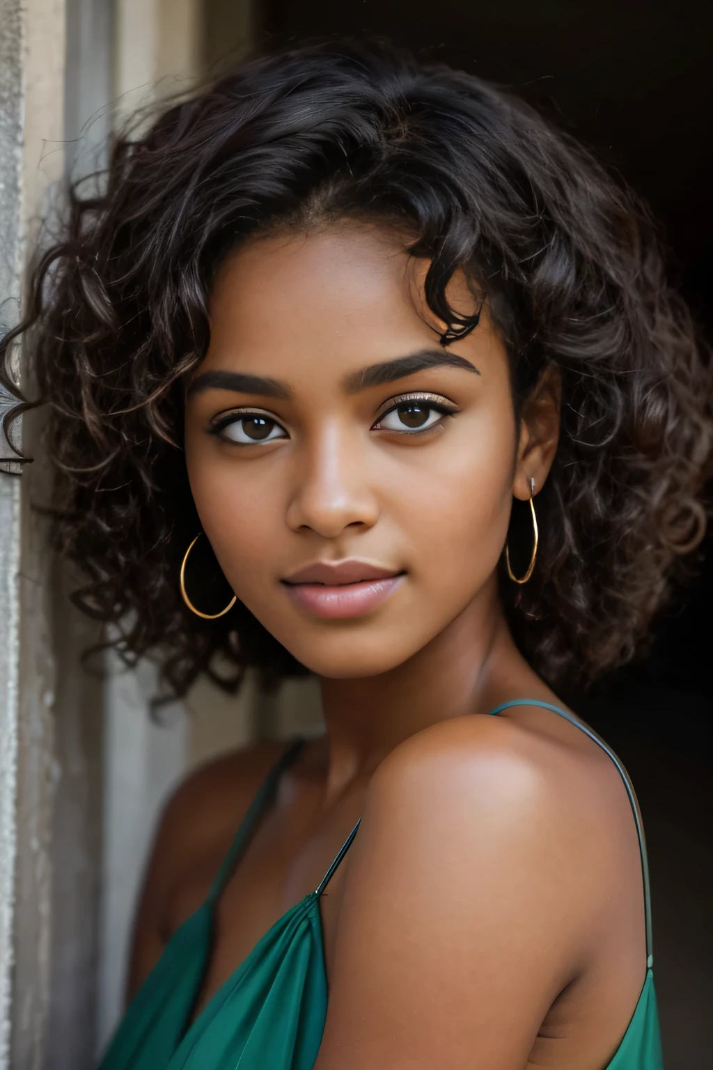 work of art. best qualityer, young man with dark skin, green eyes and curly hair posing for a photo, soft portrait photographed in 8k, beautiful young, beautiful portrait image, photo of a beautiful woman, perfect face and eyes, beautiful face portrait, beautiful young woman, beautiful portrait photo, beautiful model girl, Extremely beautiful face, very beautiful young woman, beautiful model , beautiful portrait lighting 8k uhd, dslr, high qualiy, film grain, Fujifilm XT3