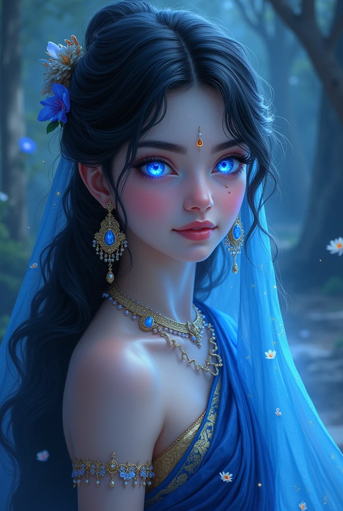 Radharani with white skin tone and shining blue eyes like sun, 14 year old , in dark blue saree, black hairs, hairs tied in indian way, innocent face, with powerful effulgence, mercyful