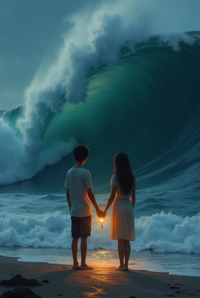 A boy and a girl stand with their backs to each other, a guy and a girl are holding a candle in their hands and a sea wave is enveloping them profile style