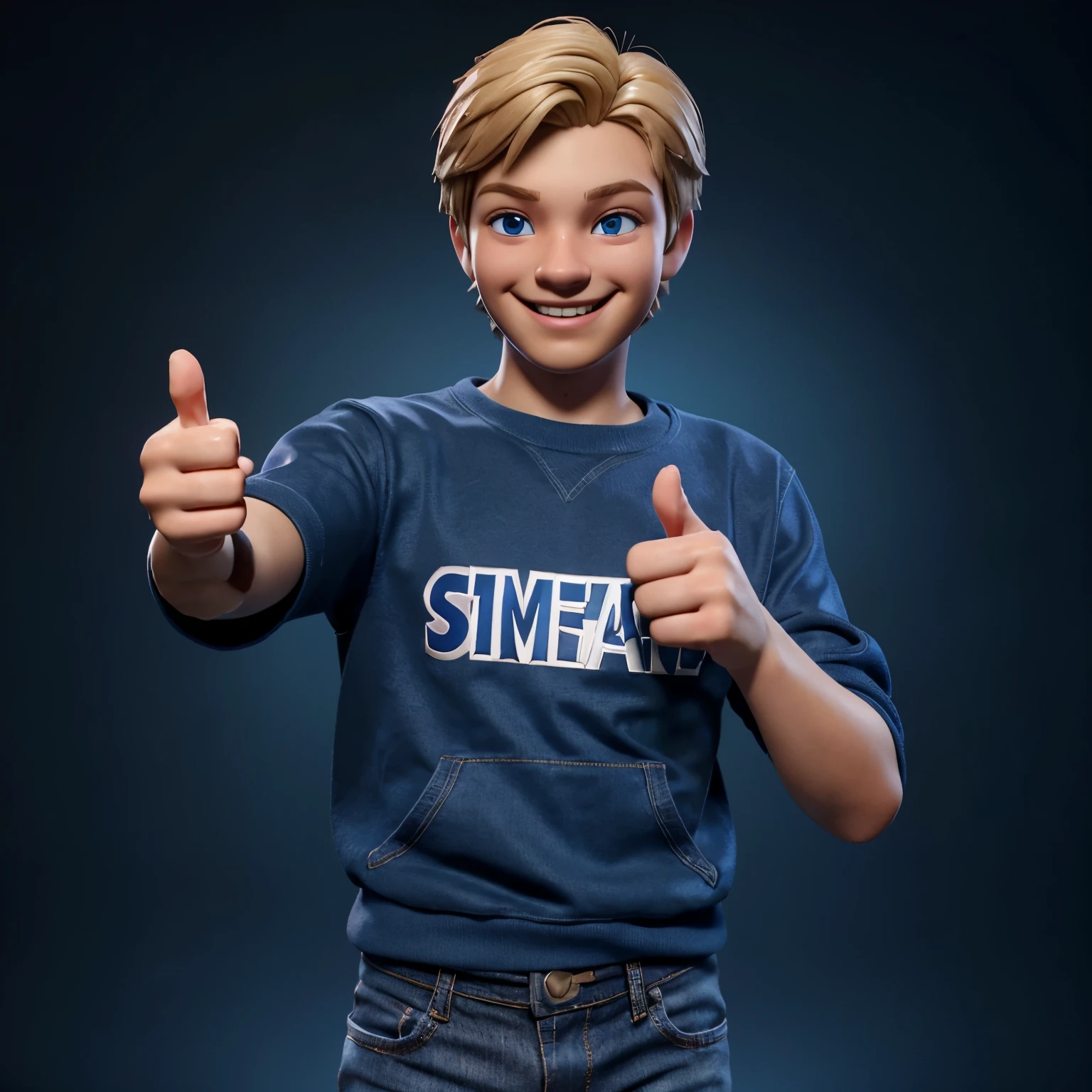 The man is a 13-year-old blonde boy with blue eyes who makes a thumbs-up gesture with his right hand and smiles confidently. thoughtful rendered in 3D using Blender and are designed in the Pixar style. The male character is wearing a dark blue sweatshirt, blue jeans. the representation is high definition, very detailed and of high quality.