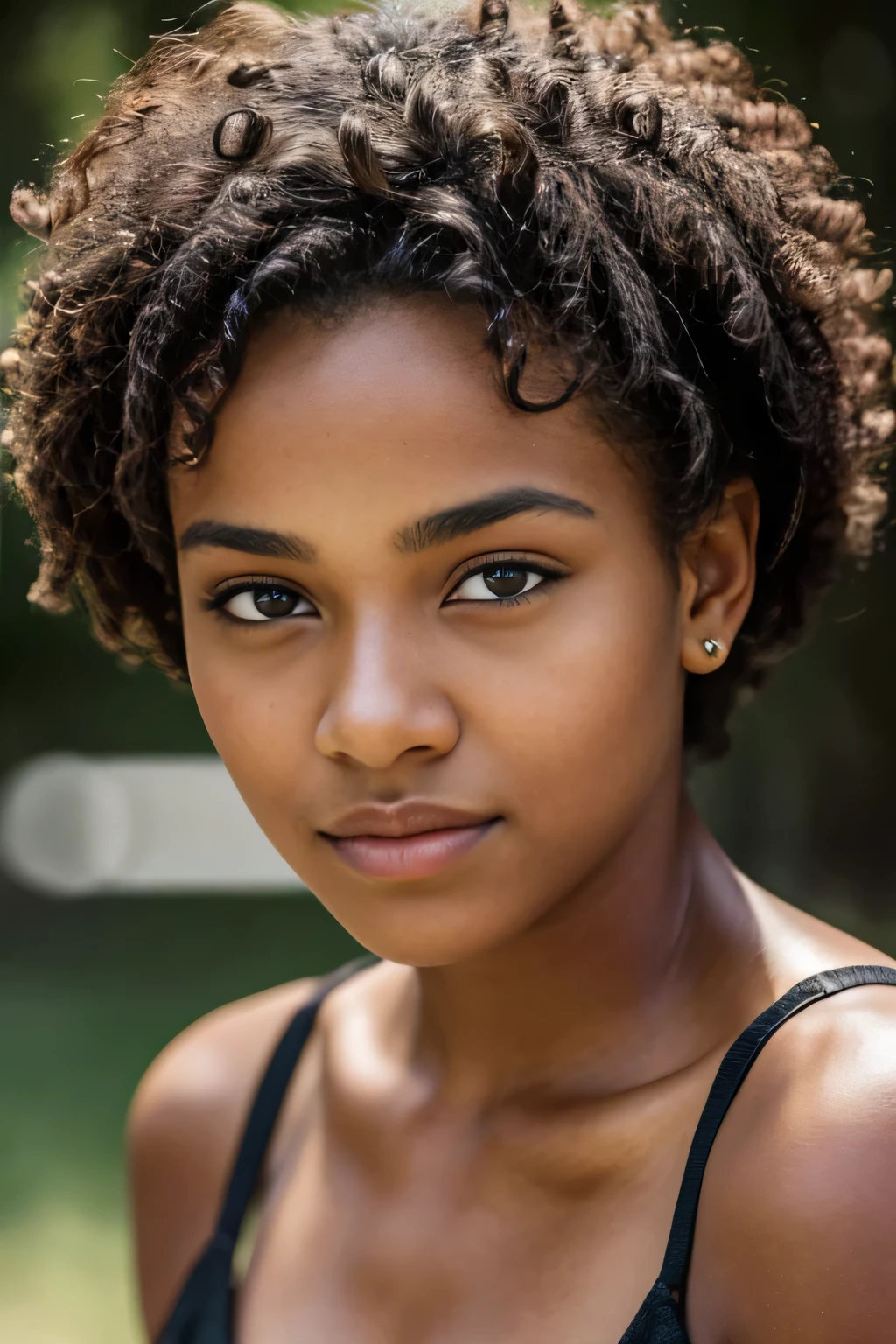 femme africaine, visage portrait, t-shirt sexy, parc naturel, cheveux ondulés rouge, peau détaillée, peau sombre, ébène , Spectateur face , Éclairage cinématographique , Contexte détaillé , Vue portrait du visage , vue portrait, rétroéclairage, Rayon crépusculaire, lumière ambiante détaillé, éclairage naturel, lumière ambiante, netteté, seins petits ferme, commission pour la haute résolution, Meilleure qualité, image détaillée, couleurs vives, visage détaillé, éclairage parfait, ombres parfaites, Fille de concentration, Œil, visage impeccable, mise au point du visage, cheveux ondulés africain, africaine, peau sombre, ébène profond, nez et bouche sexy, regarde le spectateur, Œil, 1fille, seul, Coloration équilibrée, illumination globale, Tracé laser, bon éclairage, En regardant le spectateur, Regard séduisant, collier