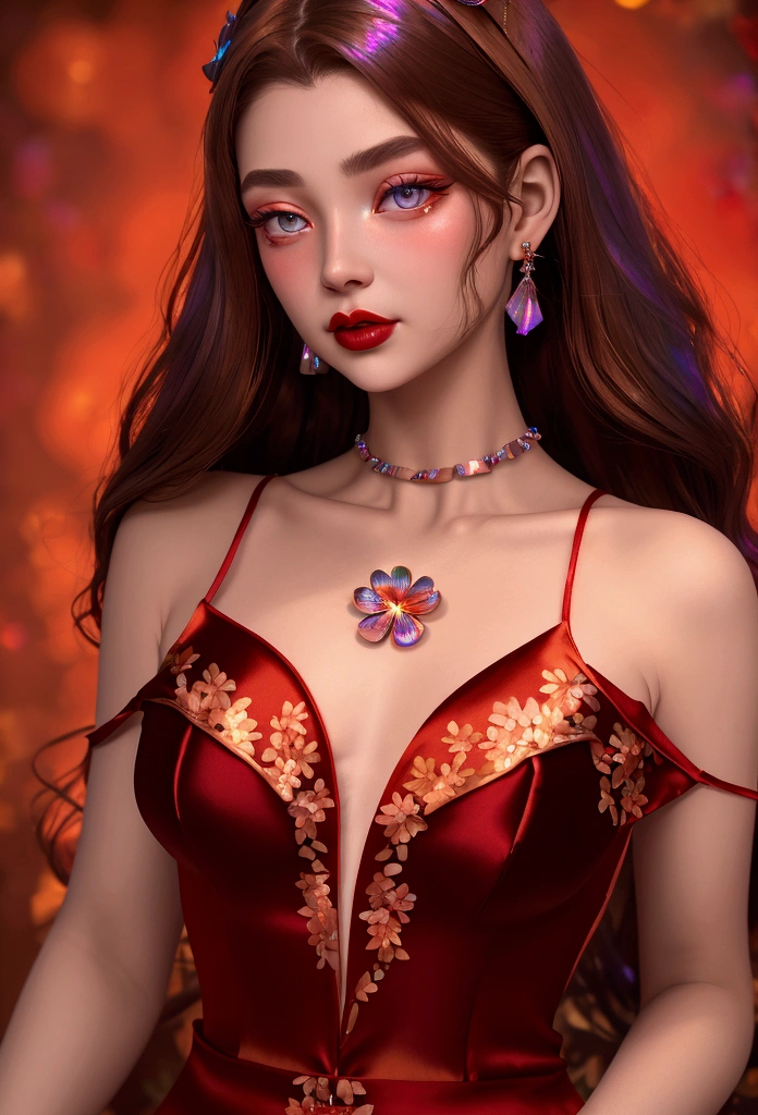 Beautiful realistic woman, detailed face, crystal clear amber eyes, red lipstick, flowing brown hair, dried red flower in hair, delicate earrings and necklace, (((bright iridescent floral satin red dress, low cut, exposed shoulders))), sensation of movement, strong dark lighting, house background made of old material, studio, red flowers, bokeh, red light incident on the hair, alcohol paint, a masterpiece.